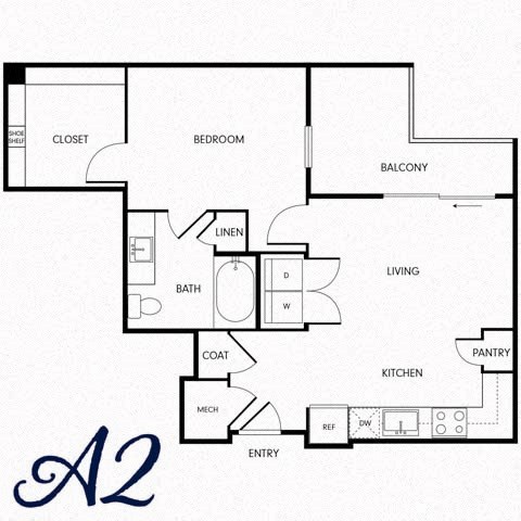 Floor plan for 1 bed, 1 bath, 687 sqft